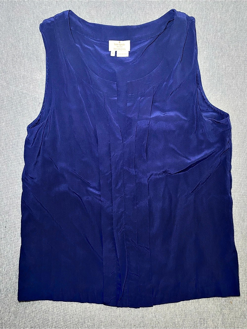 Kate Spade Sleeveless Tank Top Pleated Front Blouse 100% Silk Blue Size 8